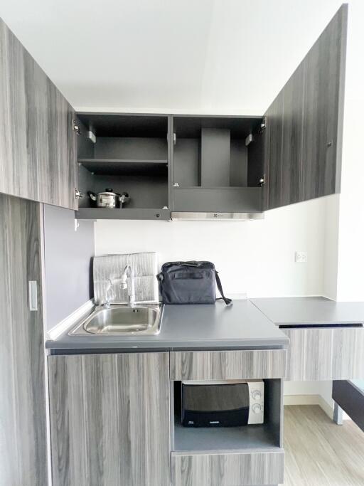 Modern small kitchen with open cabinets and a microwave