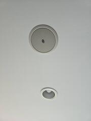 Ceiling with smoke detector and recessed lighting
