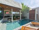 Spacious outdoor pool area with covered patio and contemporary design