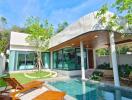 Luxurious backyard with a swimming pool, comfortable seating, and a modern house design