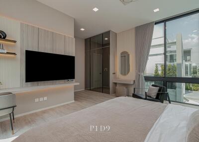 Modern bedroom with large windows and neutral tones