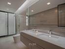 Modern bathroom with large bathtub and elegant wooden accents