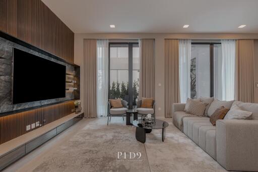 Modern spacious living room with stylish decor