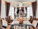 Elegant dining room with luxurious decor and a large chandelier