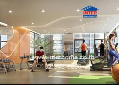Modern gym facility in a residential building with various exercise equipment and residents working out