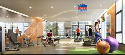 Modern gym facility in a residential building with various exercise equipment and residents working out