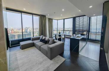 Modern living room with city view and open floor plan