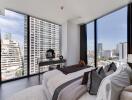 Modern bedroom with large windows offering a city view