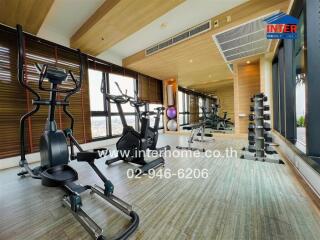 Spacious residential gym with multiple exercise machines and large windows