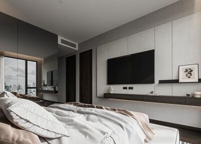 Luxurious modern bedroom with city view