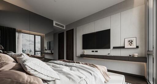 Luxurious modern bedroom with city view