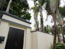 Stylish entrance of a modern home with lush palm trees