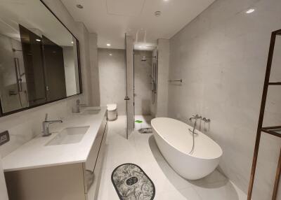 Modern spacious bathroom with white fixtures