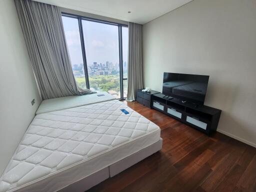 Modern bedroom with large window and city view