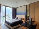 Spacious bedroom with city view and modern design