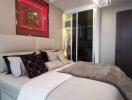 Elegant modern bedroom with stylish decor and ambient lighting