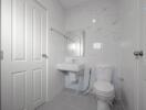 Modern white tiled bathroom with natural light