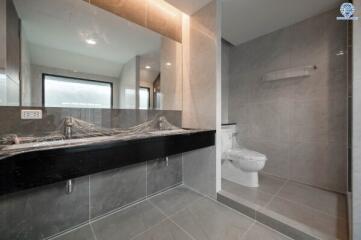 Modern bathroom with gray tiles and elegant fixtures