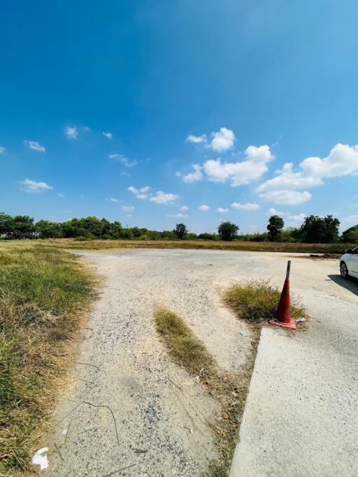 Open undeveloped land with a clear blue sky and gravel path