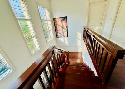 Bright and elegant wooden staircase with expansive windows