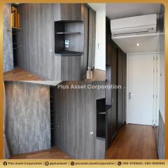 Modern bedroom with built-in wooden wardrobes and air conditioning