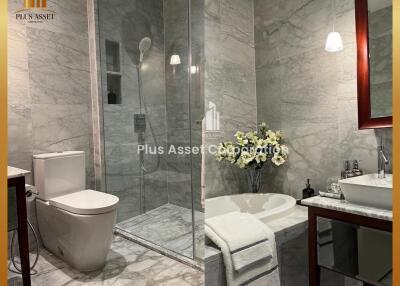 Modern bathroom interior with elegant marble tiling