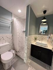 Modern bathroom with stylish fixtures and LED lighting