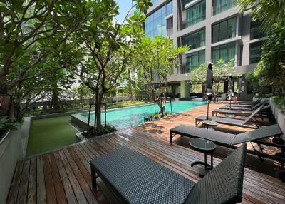 Luxurious outdoor pool area with lush greenery and modern seating