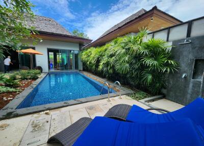 Luxurious outdoor swimming pool with lush greenery and modern design