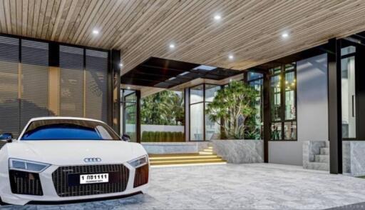 Modern garage with luxury car and elegant interior design