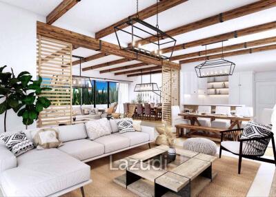 Spacious and modern living room with exposed wooden beams and large windows