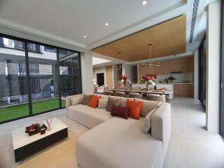 Spacious and modern living room with open plan layout connecting to kitchen and garden