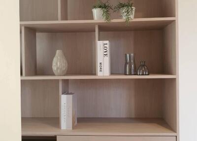 Elegant wooden bookshelf in a modern living room