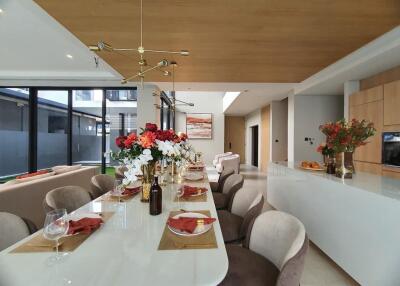 Elegant dining room interior with modern furniture and decor
