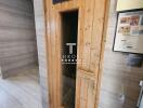 Modern home sauna with wooden door and stylish interior
