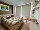 Modern bedroom with stylish decor and ample lighting