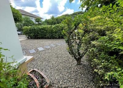 Spacious outdoor area with gravel and greenery