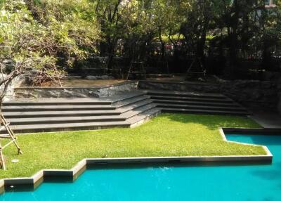 Lush garden with pool and seating steps