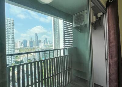 Apartment balcony with city skyline view