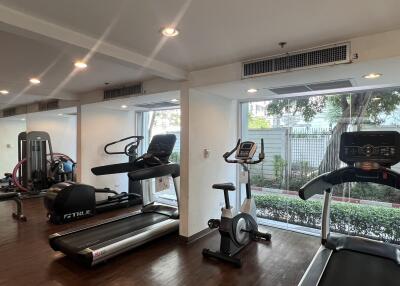 Well-equipped residential gym with modern fitness machines and bright lighting