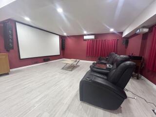 Spacious home theater with large screen and comfortable seating