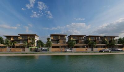 Modern waterfront residential buildings with serene lake view