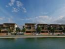 Modern waterfront residential buildings with serene lake view