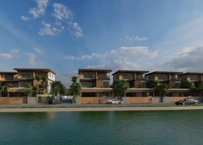 Modern waterfront residential buildings with serene lake view