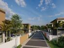 Residential community street view with modern townhouses and landscaped walkways