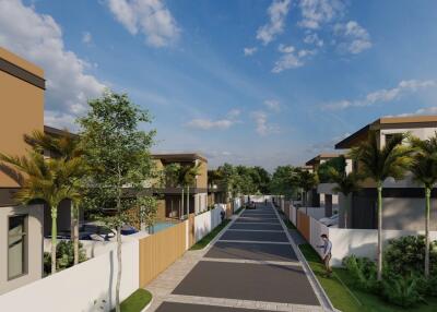 Residential community street view with modern townhouses and landscaped walkways