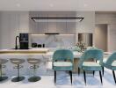 Modern kitchen with integrated dining area featuring marble countertops and stylish teal chairs