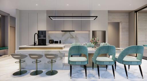 Modern kitchen with integrated dining area featuring marble countertops and stylish teal chairs