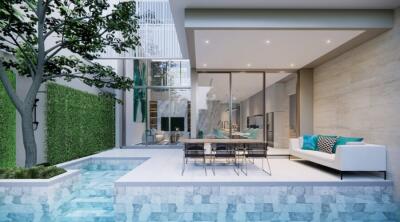 Modern outdoor living space with pool and stylish seating area