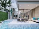 Modern outdoor living space with pool and stylish seating area
